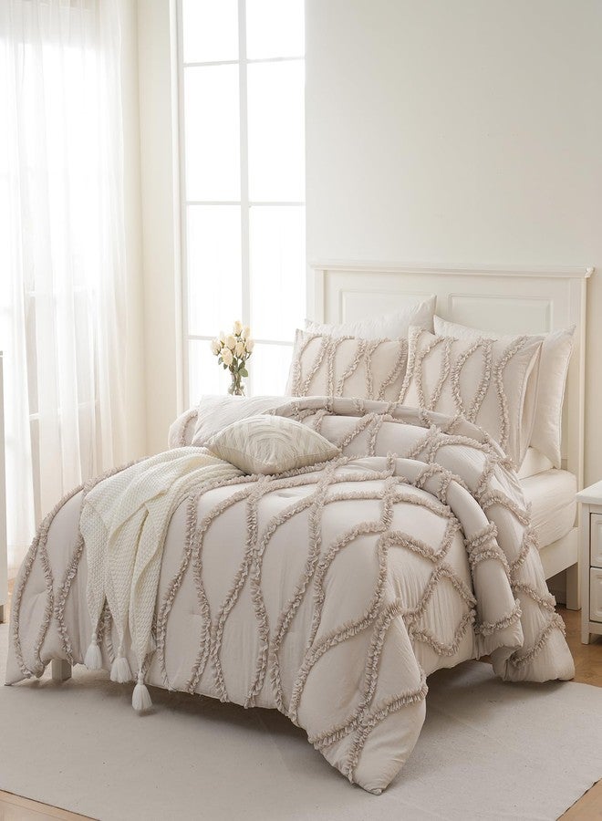 Bedbay Ruffle Comforter Queen Size,Country Farmhouse Bedding Sets,Ruffled Queen Shabby Chic Comforter Bed Set Beige Grey 3 Pcs Ruffle Bedding for Women Girls(Tan Beige,Queen) - Image 5