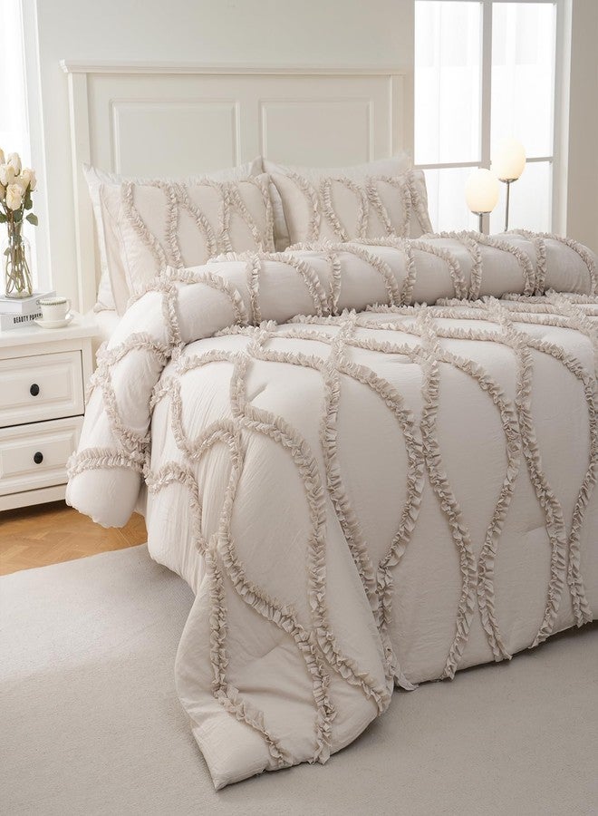 Bedbay Ruffle Comforter Queen Size,Country Farmhouse Bedding Sets,Ruffled Queen Shabby Chic Comforter Bed Set Beige Grey 3 Pcs Ruffle Bedding for Women Girls(Tan Beige,Queen) - Image 2