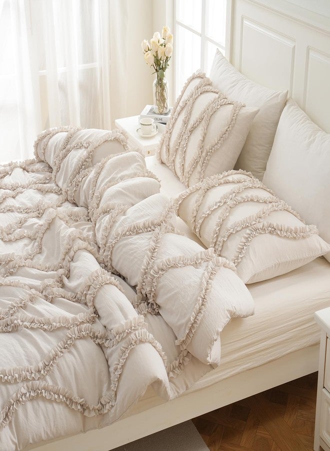 Bedbay Ruffle Comforter Queen Size,Country Farmhouse Bedding Sets,Ruffled Queen Shabby Chic Comforter Bed Set Beige Grey 3 Pcs Ruffle Bedding for Women Girls(Tan Beige,Queen) - Image 3