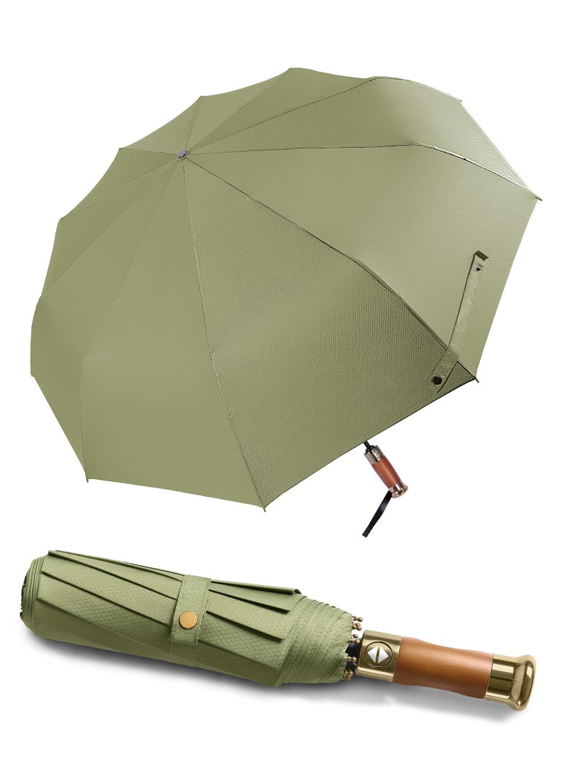 Rain Cats Large 45/50 Inch Umbrellas for rain Strong10 Ribs Fiberglass Umbrella Windproof Wabig Compact Automatic portable Folding Travel Thick Fabric Wood handle (A-Olive, 45 inches in diameter) - Image 1