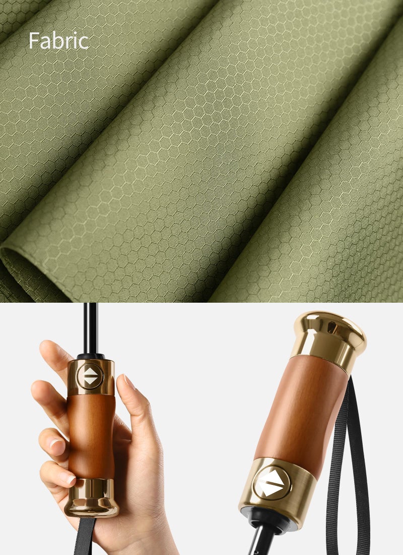 Rain Cats Large 45/50 Inch Umbrellas for rain Strong10 Ribs Fiberglass Umbrella Windproof Wabig Compact Automatic portable Folding Travel Thick Fabric Wood handle (A-Olive, 45 inches in diameter) - Image 5