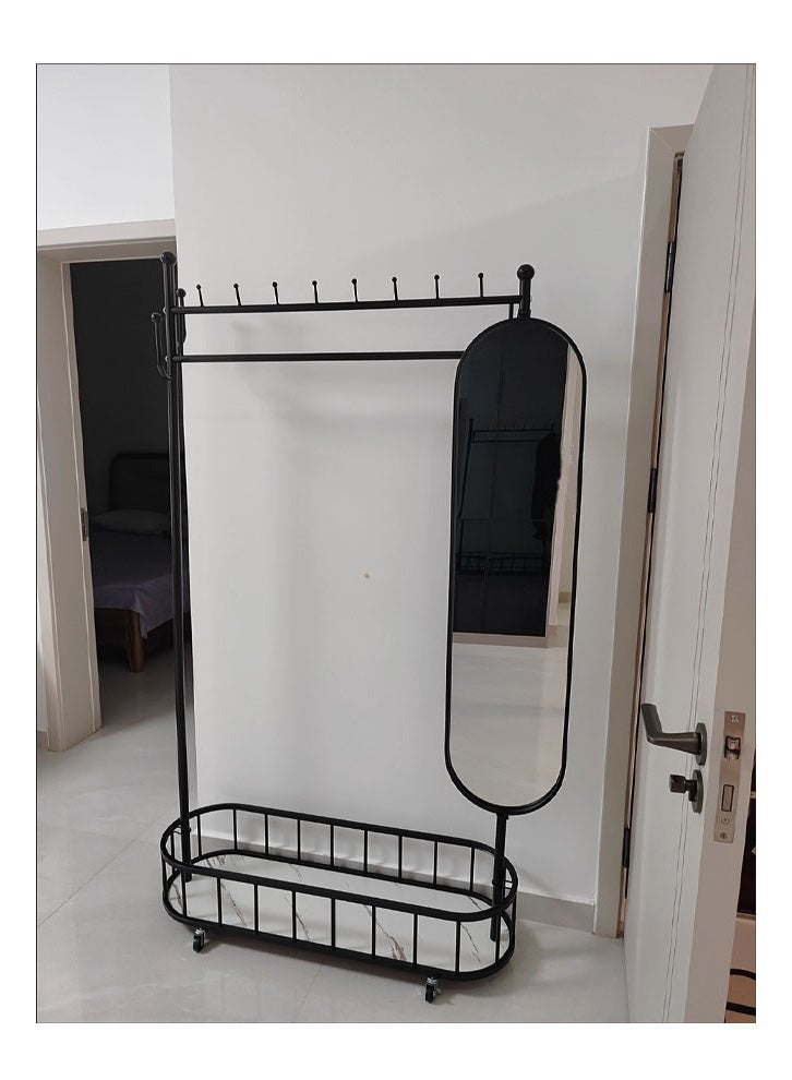 NKX Thickened Large Coat Rack, Obsidian Black, 100cm [Rotating Mirror, 4-Hook Storage Basket, Universal Wheels] - Image 3