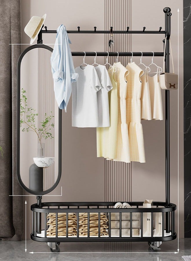 NKX Thickened Large Coat Rack, Obsidian Black, 100cm [Rotating Mirror, 4-Hook Storage Basket, Universal Wheels] - Image 1