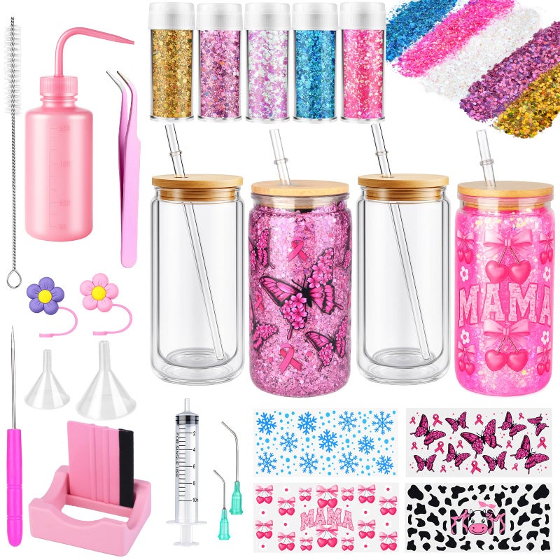 kiddgroo Snow Globe Tumbler Supplies, 25 Pcs DIY Snowglobe Cup Setâ€“ Includes 16oz Double-Wall Acrylic Tumbler, Cup Cradle, UV DTF Wraps, Craft Glitter & DIY Tools, Easter Birthday Gifts for Girls - Image 1