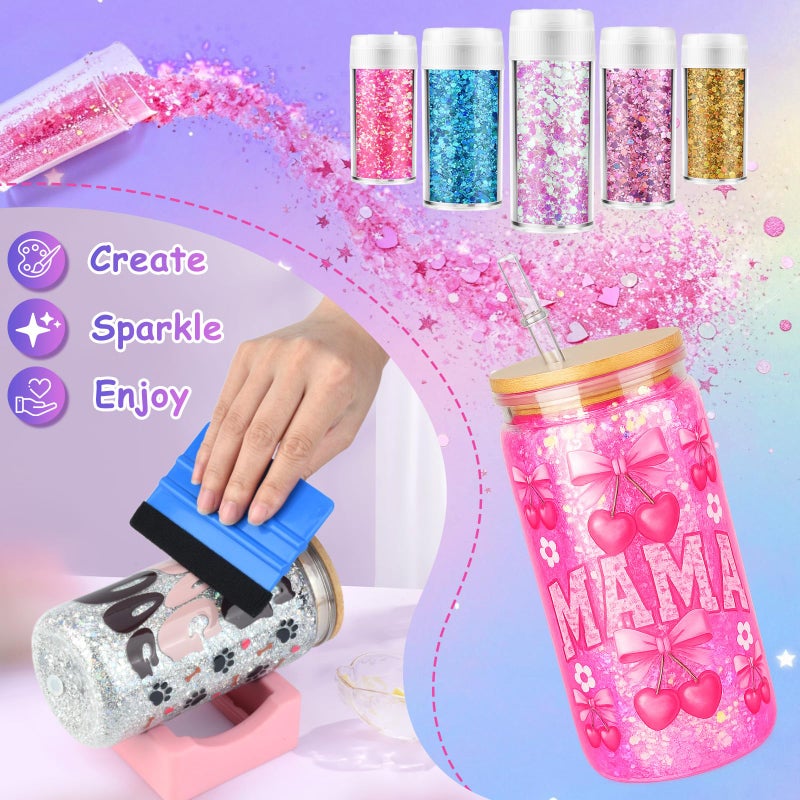 kiddgroo Snow Globe Tumbler Supplies, 25 Pcs DIY Snowglobe Cup Setâ€“ Includes 16oz Double-Wall Acrylic Tumbler, Cup Cradle, UV DTF Wraps, Craft Glitter & DIY Tools, Easter Birthday Gifts for Girls - Image 3