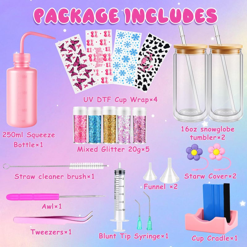 kiddgroo Snow Globe Tumbler Supplies, 25 Pcs DIY Snowglobe Cup Setâ€“ Includes 16oz Double-Wall Acrylic Tumbler, Cup Cradle, UV DTF Wraps, Craft Glitter & DIY Tools, Easter Birthday Gifts for Girls - Image 4