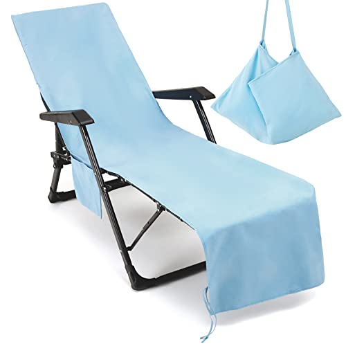 VOCOOL Pool Lounge Chair Cover Chaise Lounge Cover Soft Beach Chair Towel with Pocket Chaise Beach Picnic Spa Towel for Beach Pool Outdoor Sunbathing Garden 85 x 30 inch No Sliding (Sky Blue) - Image 1