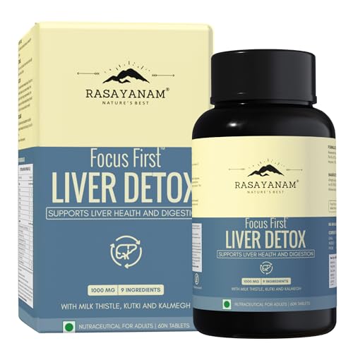 Rasayanam Liver Detox Supplement 1000mg | Milk Thistle and NAC | 80% Silymarin | Added herbs like Kutki, Kalmegh, Turmeric, Dandelion, Zinc & more | Supports Detox, Digestion, Energy & Daily Liver Wellness - 60 Tablets - Image 1