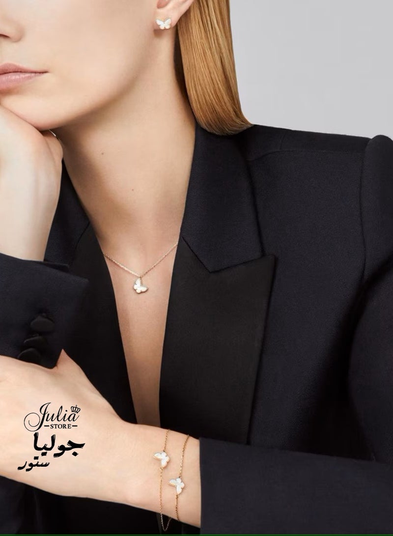 جوليا ستور سوار فراشة أنيق من الفولاذ المقاوم للصدأ مطلي بالذهب عيار 18 قيراطًا، بتصميم عرق اللؤلؤ، هدية مجوهرات فاخرة وعصرية للنساء - أبيض  - Image 3