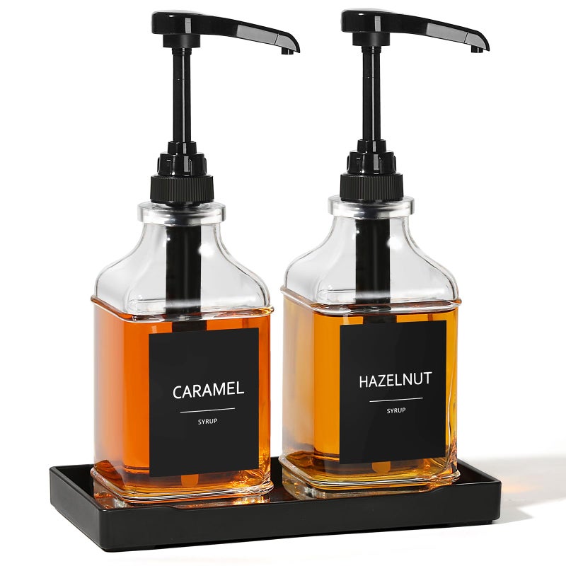 GMISUN Coffee Syrup Dispenser with Tray, 16.9 fl oz Syrup Pump Dispenser for Coffee Bar Accessories, Glass Syrup Bottle for Coffee Bar Essentials, Maple Syrup Bottles with Â¼oz Large Capacity Pump - Image 1