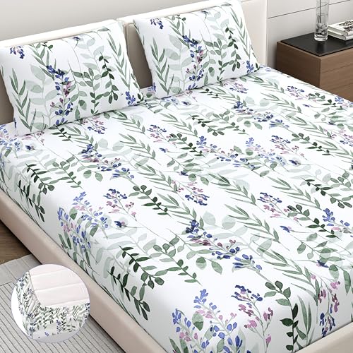 Home Ecstasy 100% Cotton King Fitted Bedsheet with 2 Pillow Covers - (Size 72 x 78 inches, 140 TC, Colour - White) - Image 1