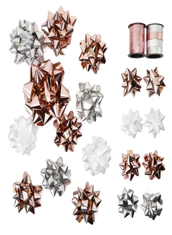 Ouksma 21 Pcs Christmas Gift Bows with Christmas Curling Ribbons Holiday Gift Wrapping Bows Assortment Multi-Colored Assorted Size Self Adhesive Gift Bows (Rose Gold/Silver/White - Image 1
