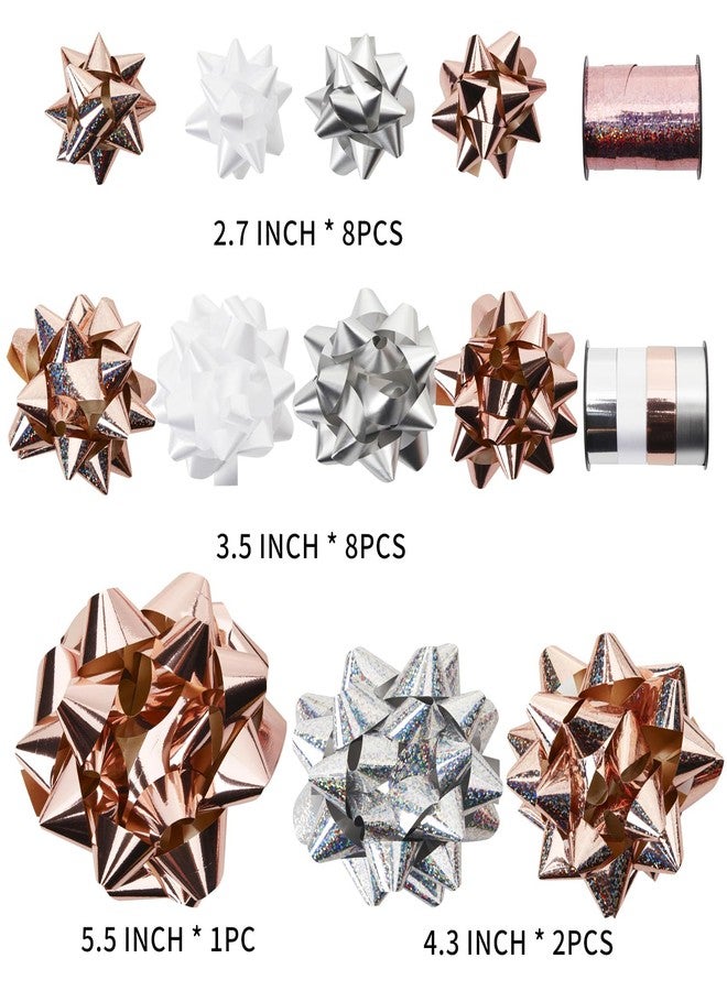 Ouksma 21 Pcs Christmas Gift Bows with Christmas Curling Ribbons Holiday Gift Wrapping Bows Assortment Multi-Colored Assorted Size Self Adhesive Gift Bows (Rose Gold/Silver/White - Image 2