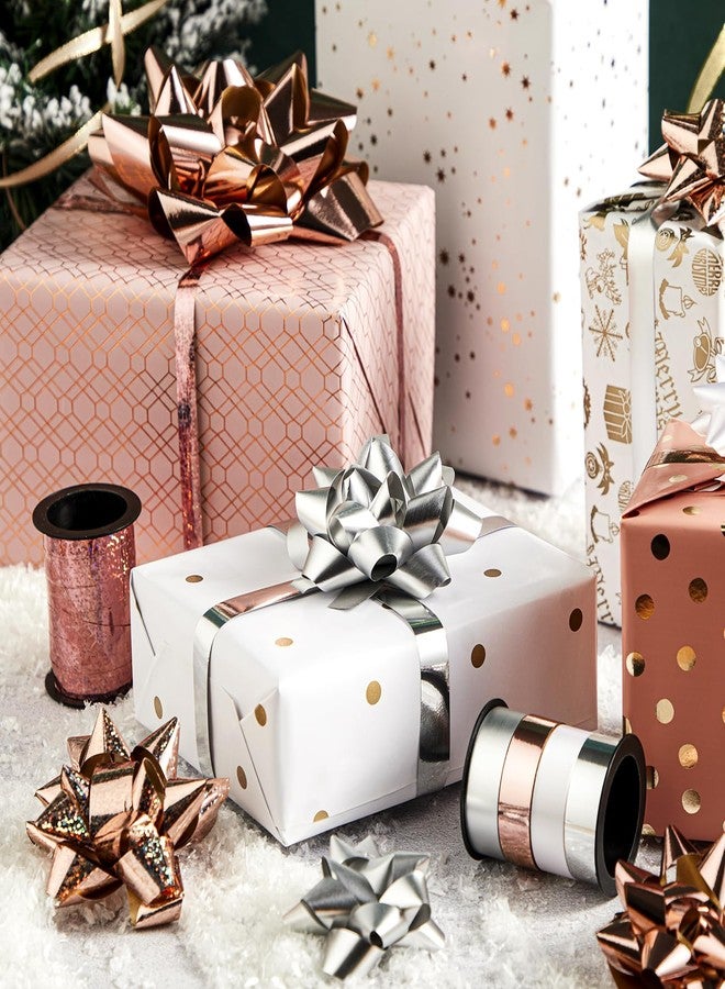 Ouksma 21 Pcs Christmas Gift Bows with Christmas Curling Ribbons Holiday Gift Wrapping Bows Assortment Multi-Colored Assorted Size Self Adhesive Gift Bows (Rose Gold/Silver/White - Image 4