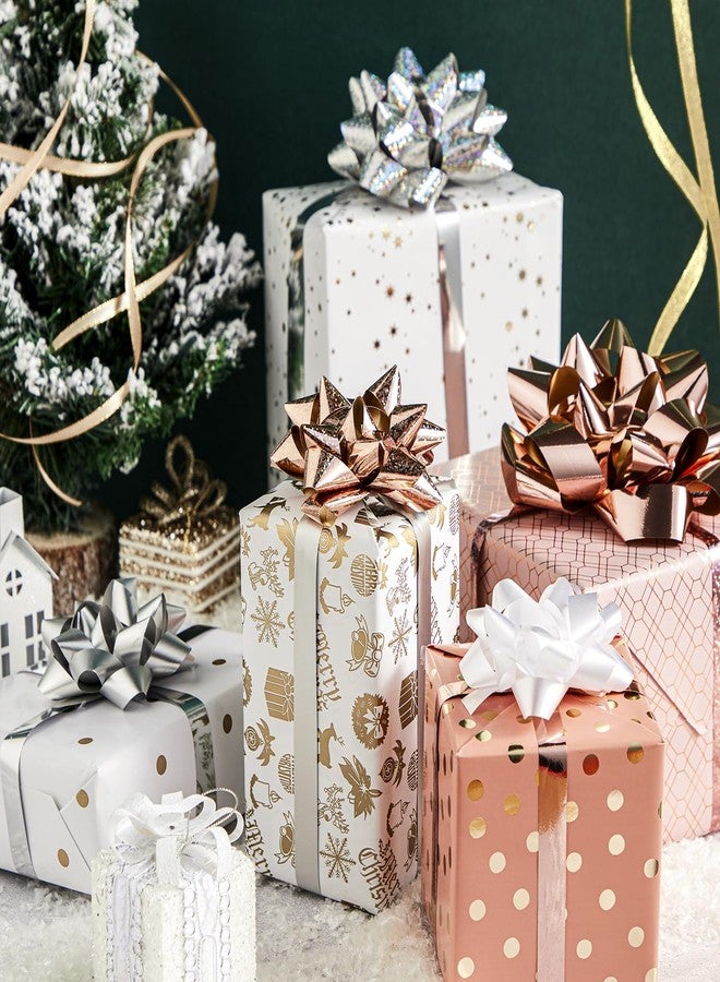 Ouksma 21 Pcs Christmas Gift Bows with Christmas Curling Ribbons Holiday Gift Wrapping Bows Assortment Multi-Colored Assorted Size Self Adhesive Gift Bows (Rose Gold/Silver/White - Image 3