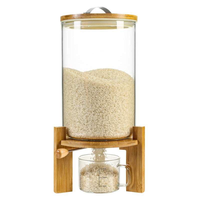 Vuinop Rice Dispenser, Rice Storage Containerï¼šFlour and Cereal Container with Airtight Lid and Wooden Stand, Glass Food Storge Container for Kitchen Organization and Pantry Store (8L) - Image 1