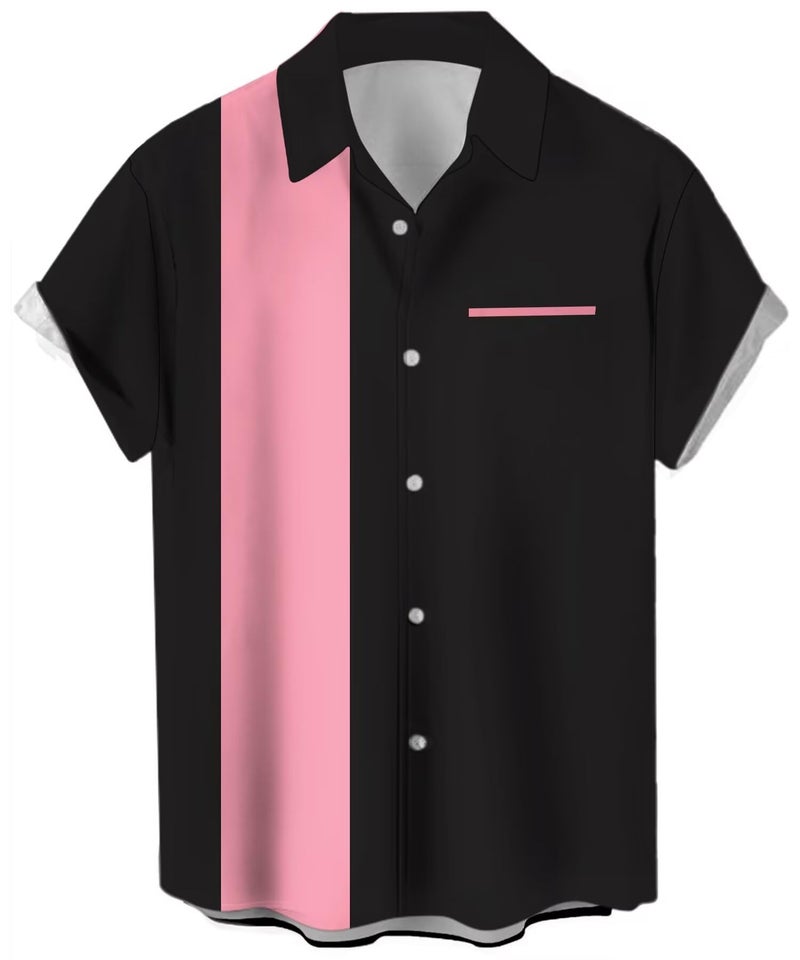 Lzzidou Men's Vintage Bowling Shirt 1950s Retro Short Sleeve Button Down Black and Pink Shirts - Image 1