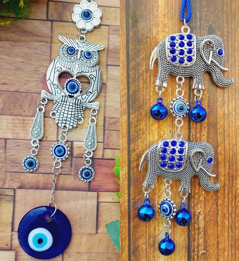 ARTISKRITI Evil Eye Hanging Owl and Elephant Nazar Battu for Home House Entrance Protection, Aesthetic Home Decor Feng Shui Items for Positive Energy, Set of 2 - Image 1