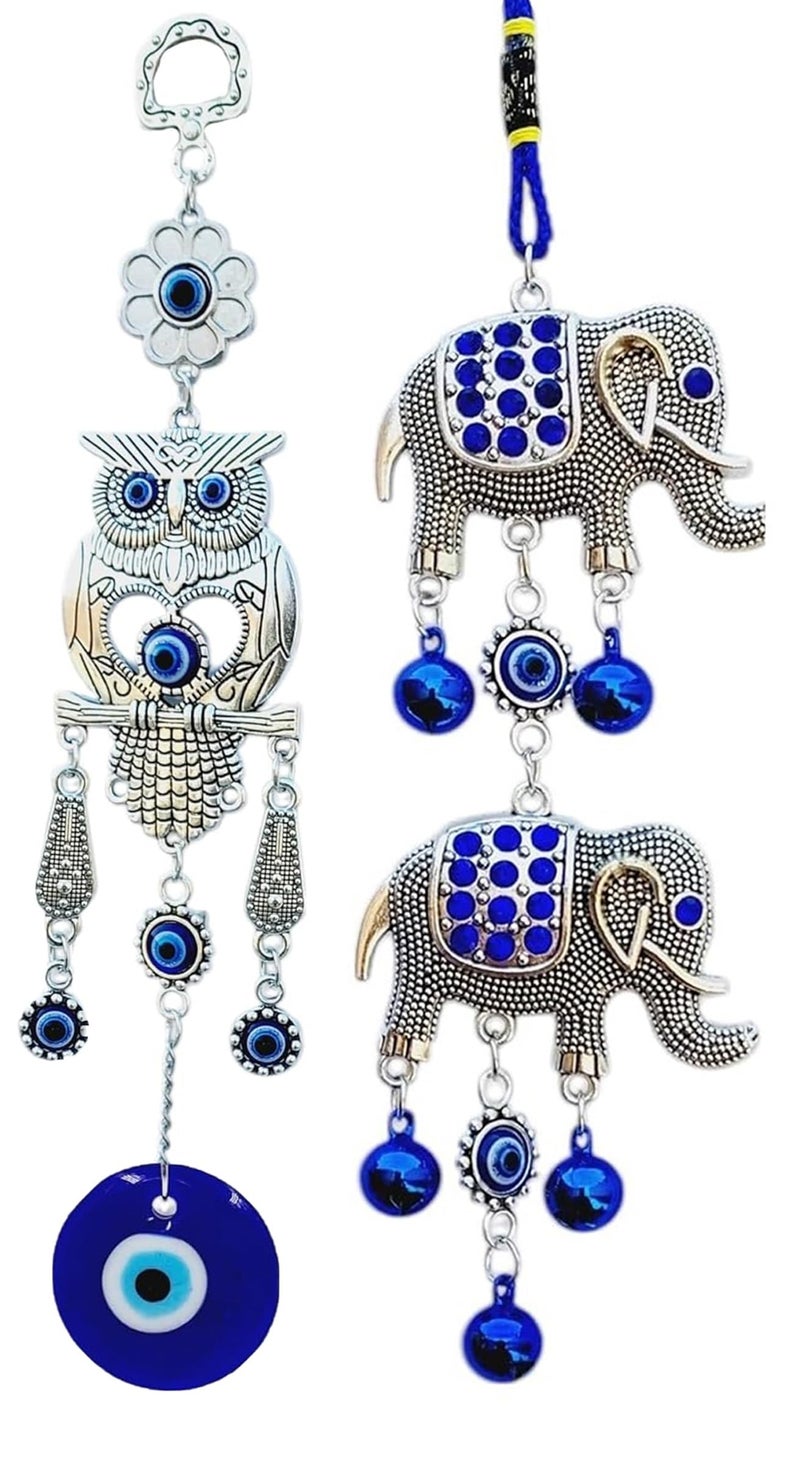 ARTISKRITI Evil Eye Hanging Owl and Elephant Nazar Battu for Home House Entrance Protection, Aesthetic Home Decor Feng Shui Items for Positive Energy, Set of 2 - Image 2