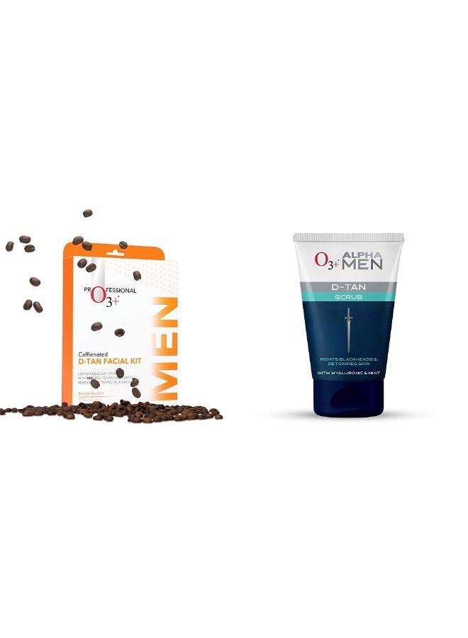 O3+ Caffeinated D-Tan Facial Kit & O3+ ALPHA MEN Acno D-TAN Scrub With Hyaluronic & Mint 50g - Detan Scrub for TAN removal Combo - Image 1