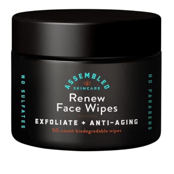 ASSEMBLED Renew Face Wipes, 50-Count (Pack of 1). Exfoliating, anti-aging, and pre-shave face wipes. - Image 1