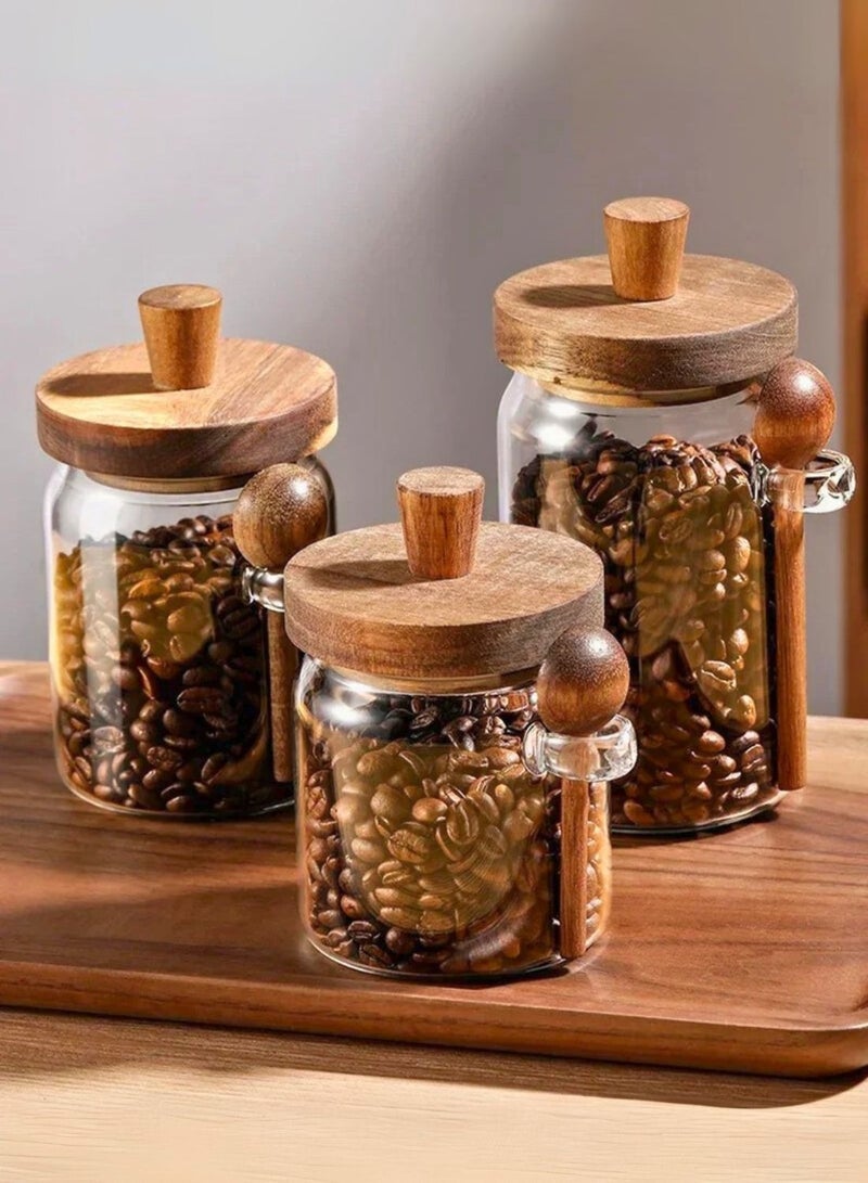 1Chase Set of 3- Borosilicate Glass Storage Jar with Acacia Wooden Lid & Spoon, Set Includes 400ml , 600ml , 800mlKitchen Canisters for Coffee, Tea, Sugar, Spices & Dry Foods - Image 4
