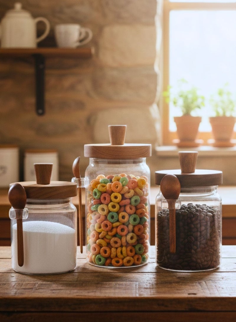 1Chase Set of 3- Borosilicate Glass Storage Jar with Acacia Wooden Lid & Spoon, Set Includes 400ml , 600ml , 800mlKitchen Canisters for Coffee, Tea, Sugar, Spices & Dry Foods - Image 2