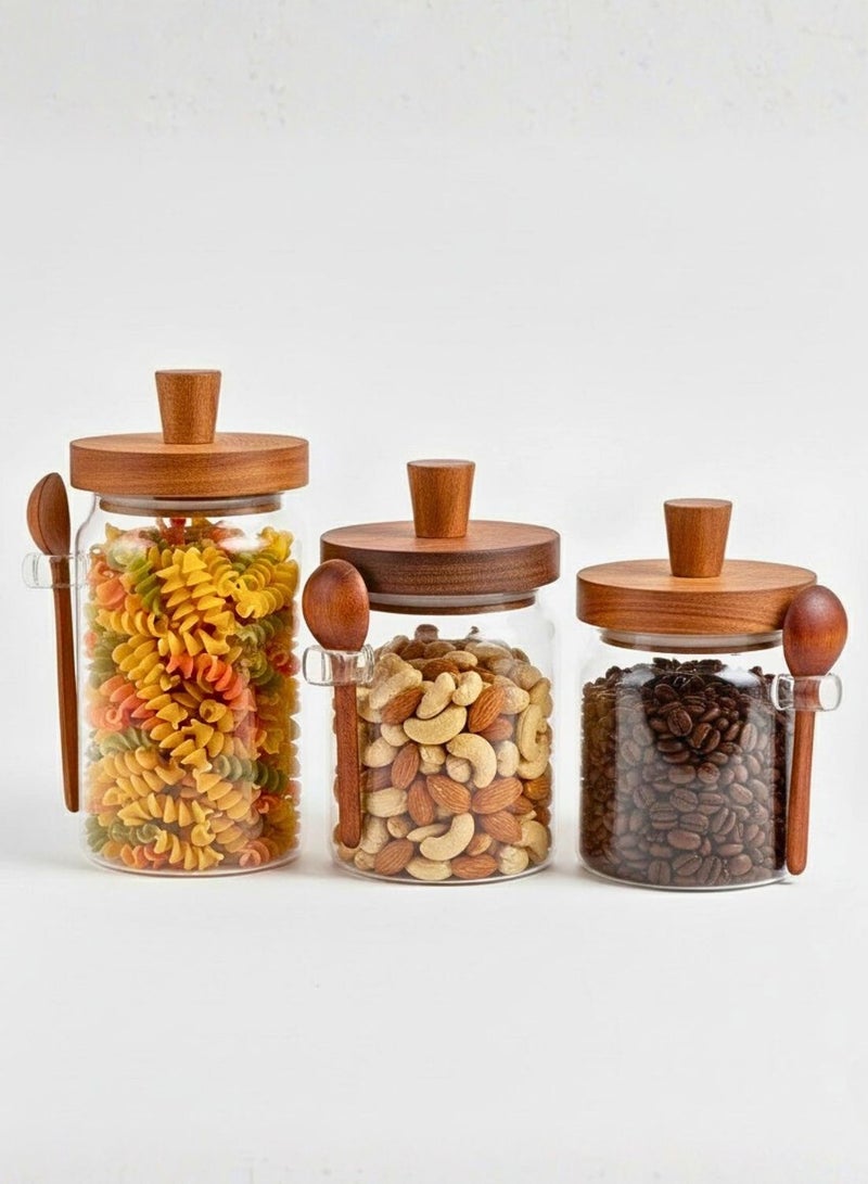 1Chase Set of 3- Borosilicate Glass Storage Jar with Acacia Wooden Lid & Spoon, Set Includes 400ml , 600ml , 800mlKitchen Canisters for Coffee, Tea, Sugar, Spices & Dry Foods - Image 1