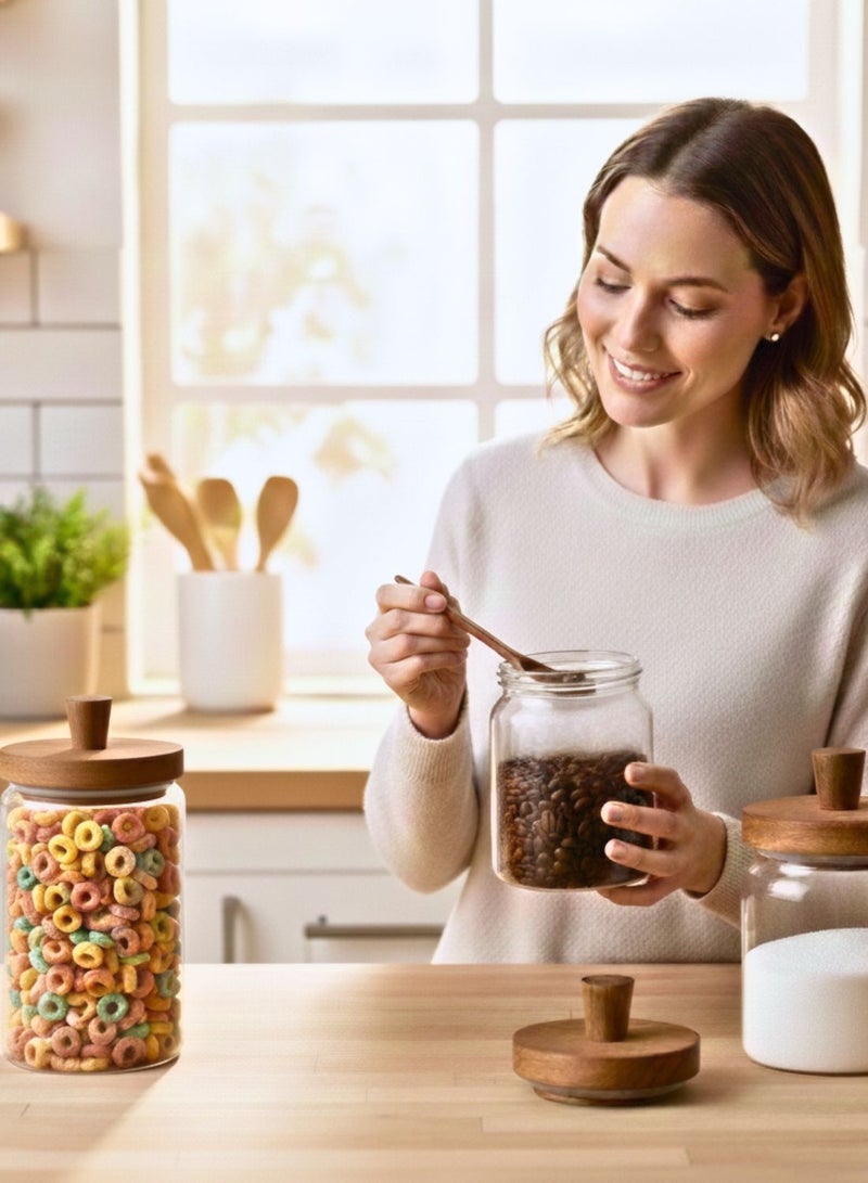 1Chase Set of 3- Borosilicate Glass Storage Jar with Acacia Wooden Lid & Spoon, Set Includes 400ml , 600ml , 800mlKitchen Canisters for Coffee, Tea, Sugar, Spices & Dry Foods - Image 3