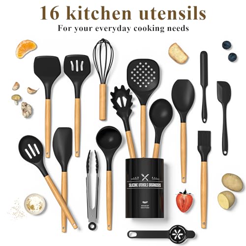 AIKKIL Kitchen Utensils Set, AIKKIL16 Pcs Cooking Utensils Set with Holder, Heat Resistance, Black Wooden Handle Silicone Kitchen Gadgets Utensil Set for Nonstick Cookware - Image 2