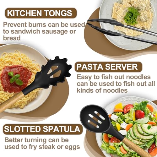 AIKKIL Kitchen Utensils Set, AIKKIL16 Pcs Cooking Utensils Set with Holder, Heat Resistance, Black Wooden Handle Silicone Kitchen Gadgets Utensil Set for Nonstick Cookware - Image 5