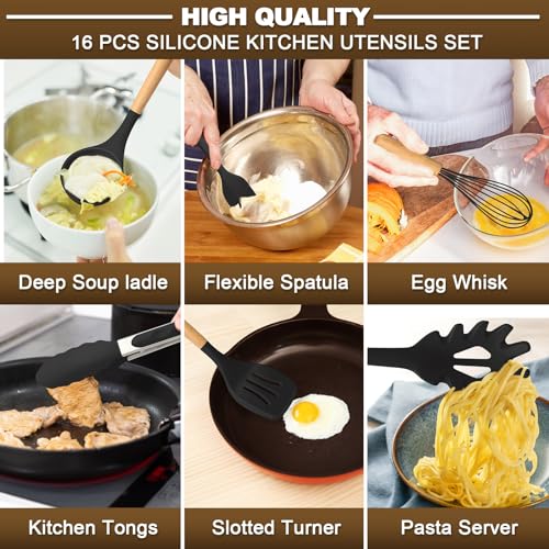 AIKKIL Kitchen Utensils Set, AIKKIL16 Pcs Cooking Utensils Set with Holder, Heat Resistance, Black Wooden Handle Silicone Kitchen Gadgets Utensil Set for Nonstick Cookware - Image 4