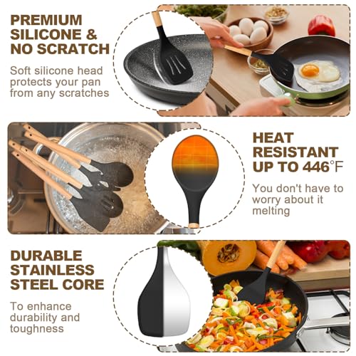 AIKKIL Kitchen Utensils Set, AIKKIL16 Pcs Cooking Utensils Set with Holder, Heat Resistance, Black Wooden Handle Silicone Kitchen Gadgets Utensil Set for Nonstick Cookware - Image 3
