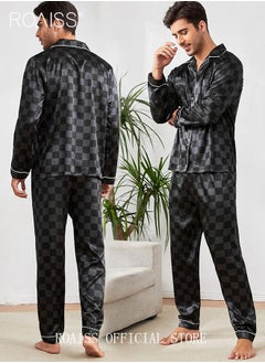 roaiss 2-Piece Set Men's Long Sleeves Sleepwear Sets Satin Checked Printing Sleepwear Pajamas Pants Silk Nightgown Male Loose Shirts Spring Summer Loungewear Home Clothes  - Image 2