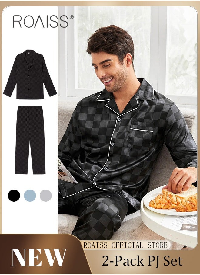 roaiss - 2-Piece Set Men's Long Sleeves Sleepwear Sets Satin Checked Printing Sleepwear Pajamas Pants Silk Nightgown Male Loose Shirts Spring Summer Loungewear Home Clothes - Image 1