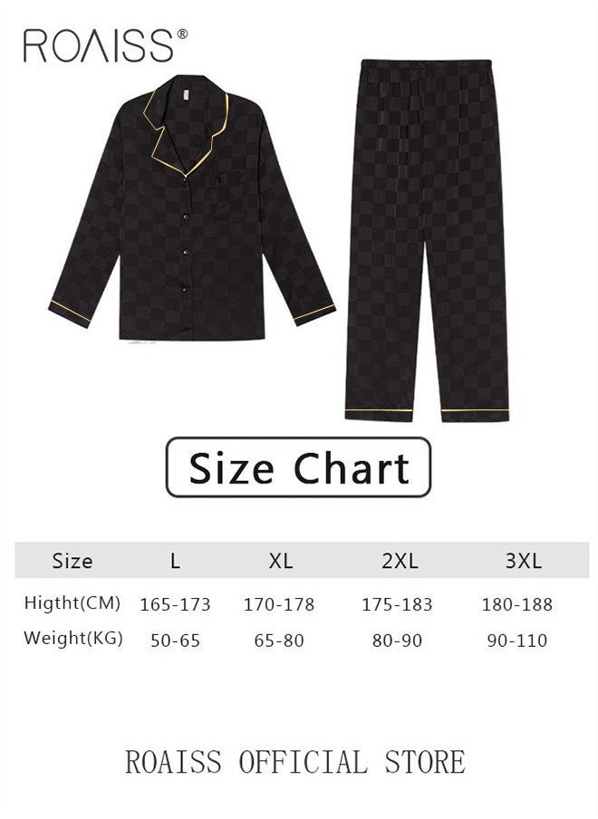 roaiss - 2-Piece Set Men's Long Sleeves Sleepwear Sets Satin Checked Printing Sleepwear Pajamas Pants Silk Nightgown Male Loose Shirts Spring Summer Loungewear Home Clothes - Image 1