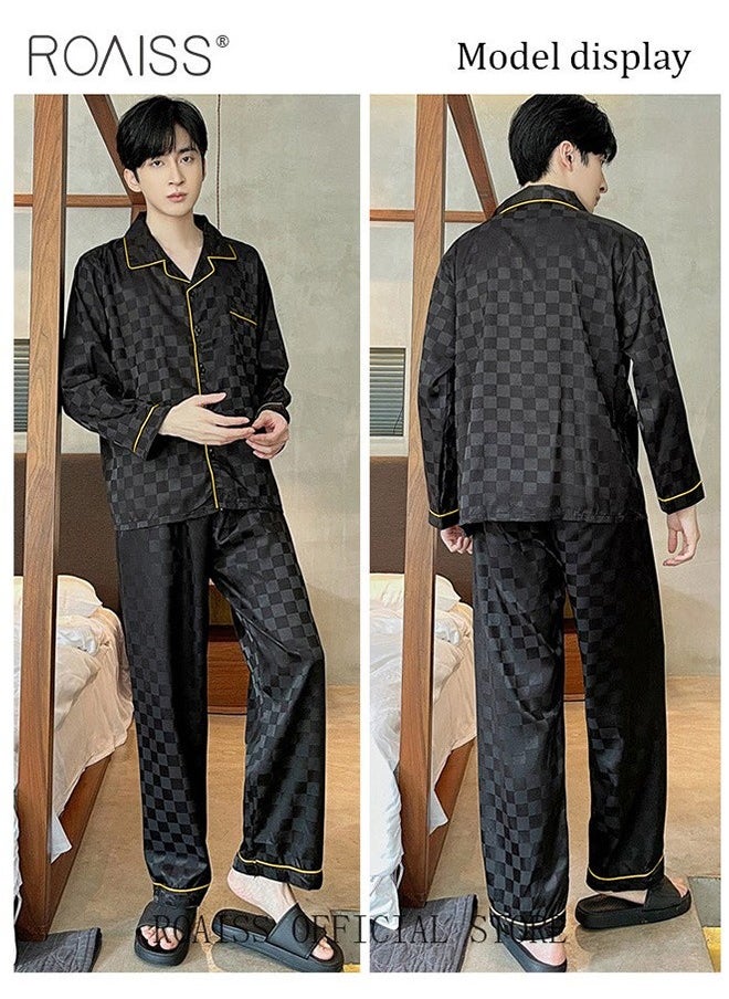 roaiss - 2-Piece Set Men's Long Sleeves Sleepwear Sets Satin Checked Printing Sleepwear Pajamas Pants Silk Nightgown Male Loose Shirts Spring Summer Loungewear Home Clothes - Image 1