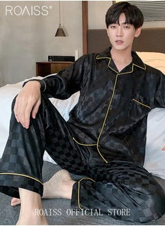 roaiss 2-Piece Set Men's Long Sleeves Sleepwear Sets Satin Checked Printing Sleepwear Pajamas Pants Silk Nightgown Male Loose Shirts Spring Summer Loungewear Home Clothes  - Image 3