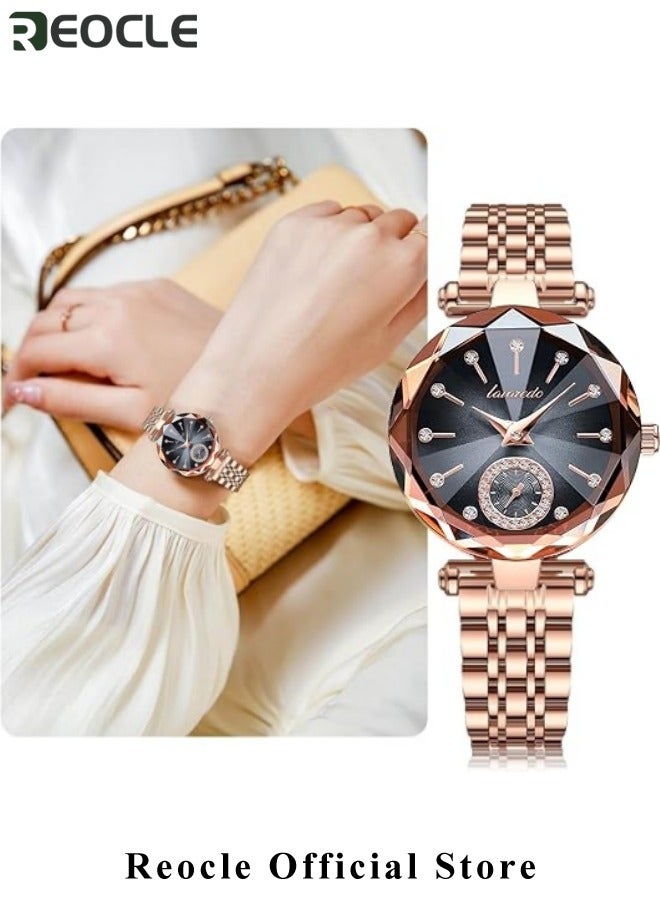 REOCLE Ladies Watch Womens Watches Jewellery Crystal Bracelet Watch with Diamond Cut Mirror Womens Elegant Watch Analog Quartz Watches Stainless Steel Black  - Image 2