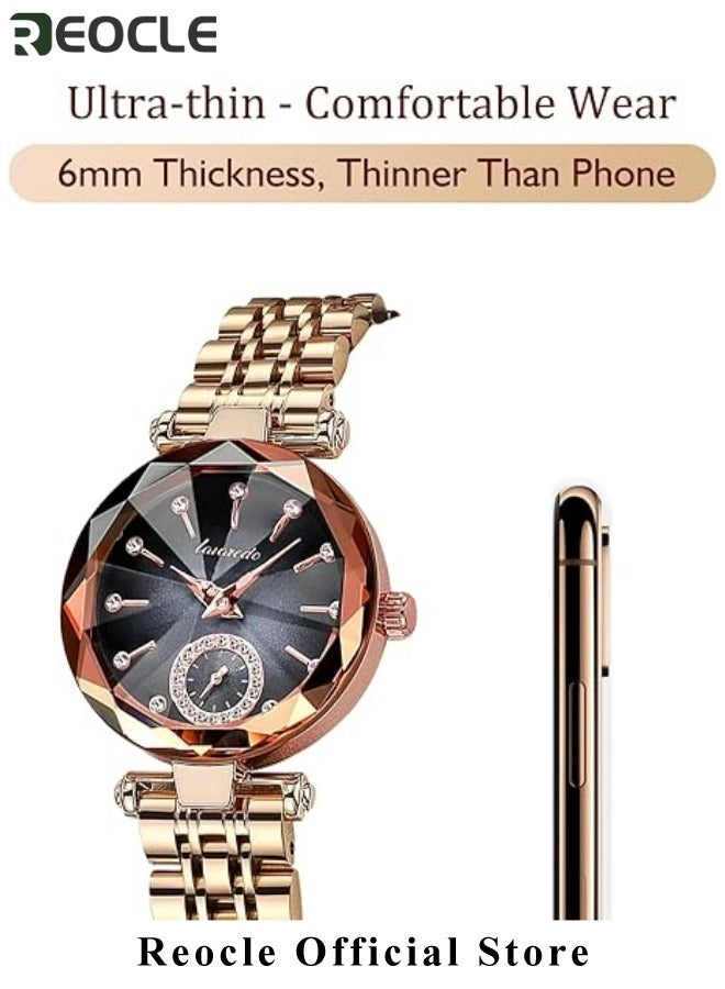 REOCLE Ladies Watch Womens Watches Jewellery Crystal Bracelet Watch with Diamond Cut Mirror Womens Elegant Watch Analog Quartz Watches Stainless Steel Black  - Image 5