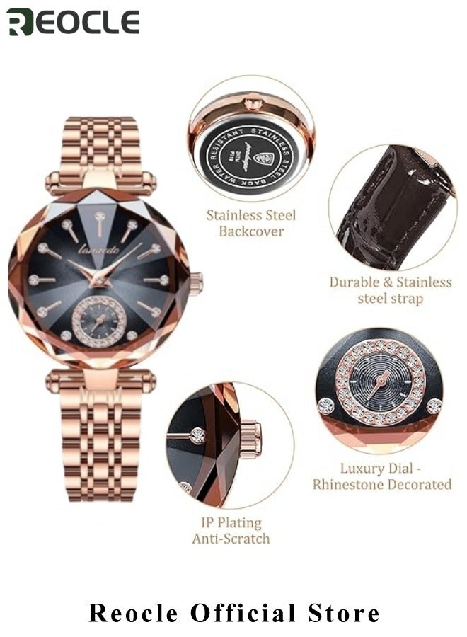 REOCLE Ladies Watch Womens Watches Jewellery Crystal Bracelet Watch with Diamond Cut Mirror Womens Elegant Watch Analog Quartz Watches Stainless Steel Black  - Image 4