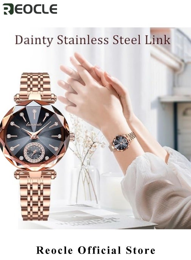 REOCLE Ladies Watch Womens Watches Jewellery Crystal Bracelet Watch with Diamond Cut Mirror Womens Elegant Watch Analog Quartz Watches Stainless Steel Black  - Image 3