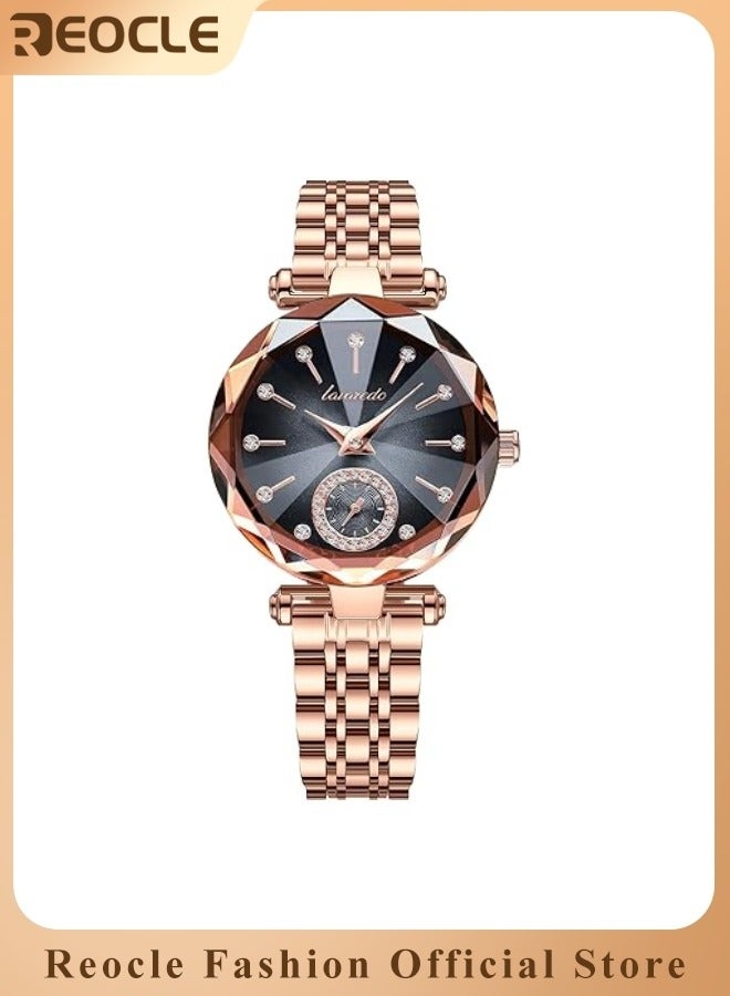 REOCLE Ladies Watch Womens Watches Jewellery Crystal Bracelet Watch with Diamond Cut Mirror Womens Elegant Watch Analog Quartz Watches Stainless Steel Black  - Image 1