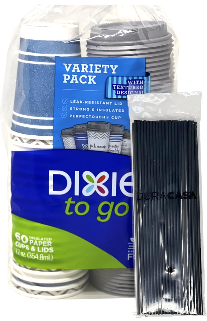 DuraCasa DuraCasa Straws and Dixie To Go Perfectouch Paper Cups and Lids Bundle Pack of 60 Count 12 ounce Hot Beverage Cups  Lids Assorted Designs Disposable Paper Coffee Cups  Lids 60 Count 12 Ounce