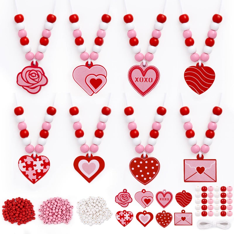 Eternity sky 32 Pcs Valentine's Day Crafts Wooden Heart DIY Beads Necklace Making Kit for Adults Gifts Party Supplies - Image 1