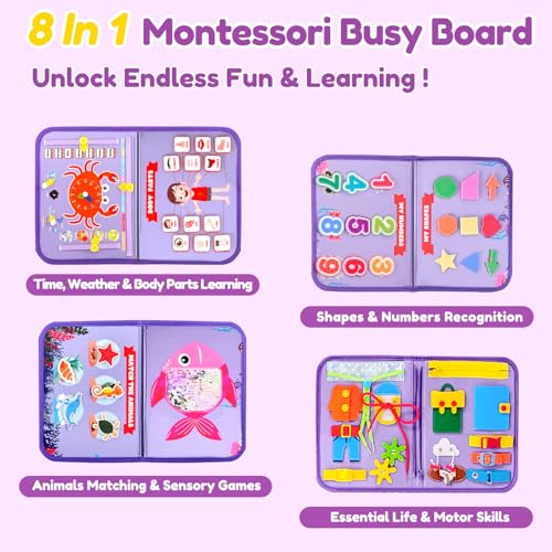 Qizfun Montessori Busy Board Book for Toddlers Mermaid Sensory Learning Toy for Girls Educational Fine Motor Skills Toy Travel Busy Board for Car Airplane - Image 5