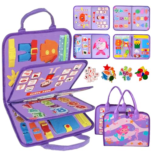 Qizfun Montessori Busy Board Book for Toddlers Mermaid Sensory Learning Toy for Girls Educational Fine Motor Skills Toy Travel Busy Board for Car Airplane - Image 1