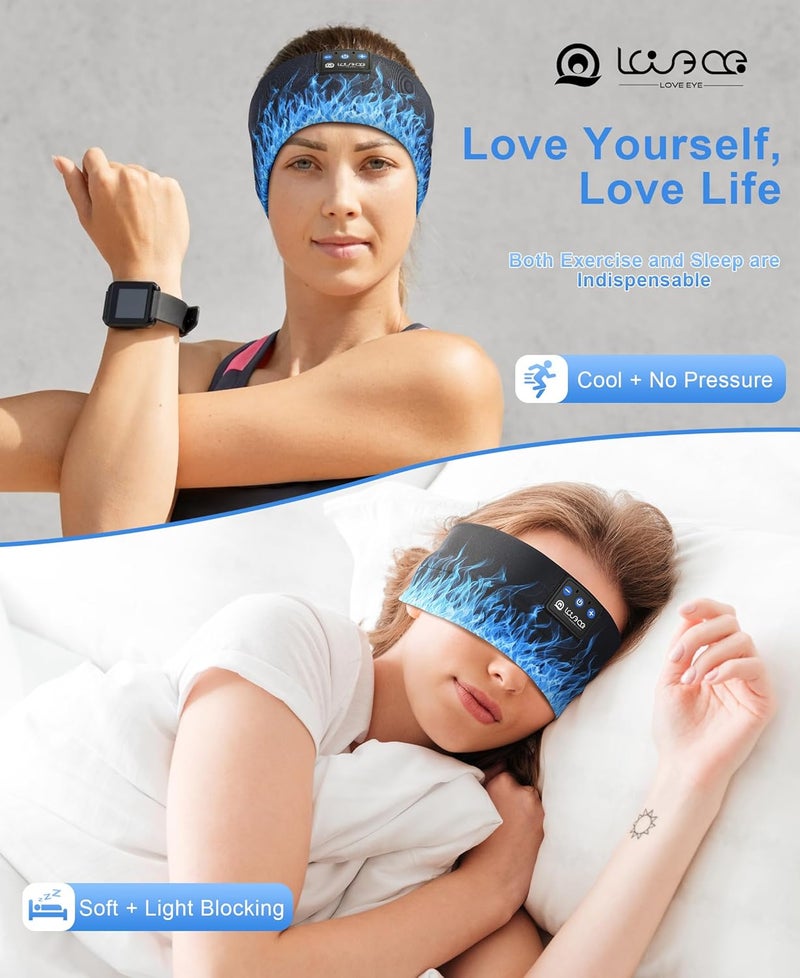 LOVE EYE سماعات نوم، سماعات عصابة رأس للنوم والرياضة مع مكبرات صوت بلوتوث رفيعة، سماعات موسيقى لاسلكية، هدايا تقنية للرجال والنساء والمراهقين لليوجا والتمارين واللياقة والاسترخاء والسفر (شعلة مستقيمة) - Image 2