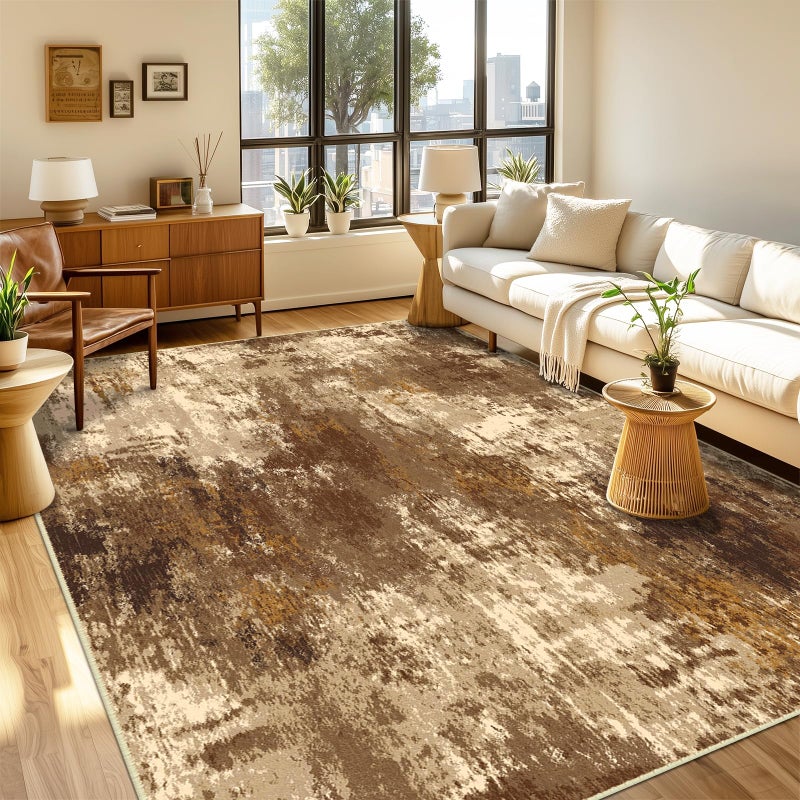 RELEANY Washable Area Rugs 6'x9' Non-Slip Modern Abstract Soft for Living Room Entryway Bedroom Nursery, Print Pattern, Brown Tan Beige Coffee - Image 1