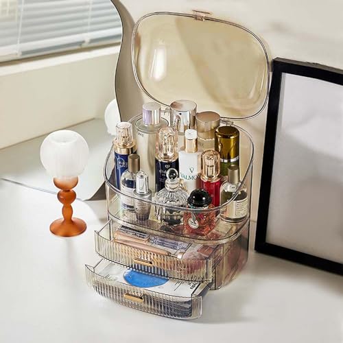 ALOXE Cute Makeup Organizer Cosmetics Organisers Storage Box with Drawer Storage Organizer|Transparent Plastic Makeup Box for Women (Brown) - Image 2